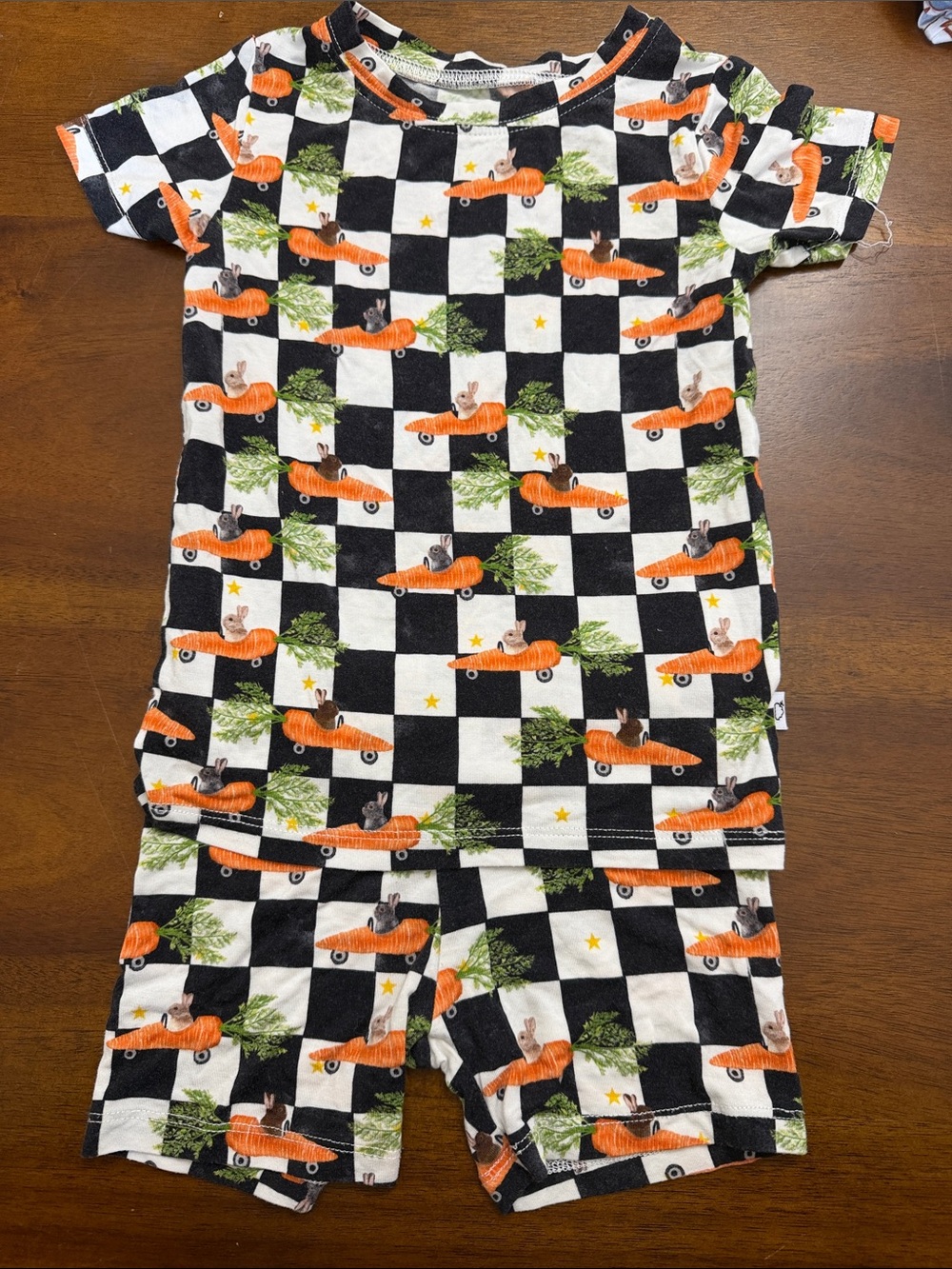 Kids Short Pajama Set - Black & White Check with Orange Carrot Print